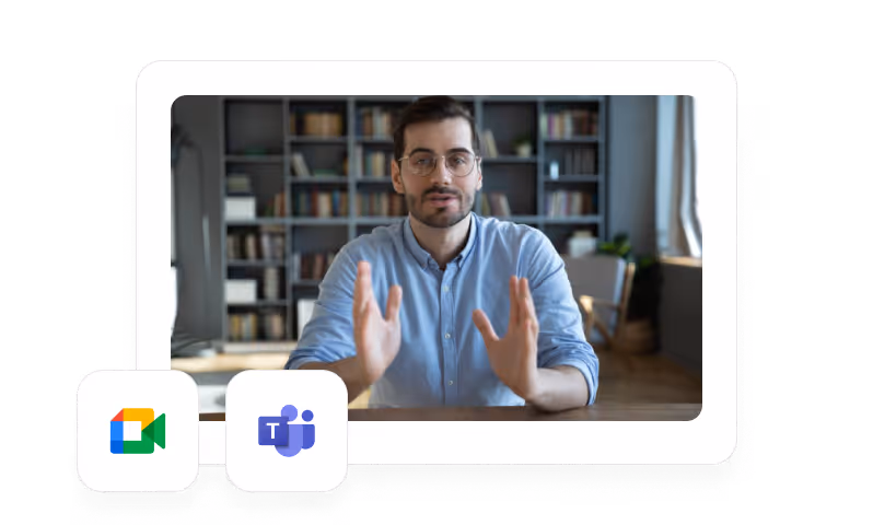 Un homme parle lors d'une visioconférence avec les logos Google Meet et Microsoft Teams affichés.