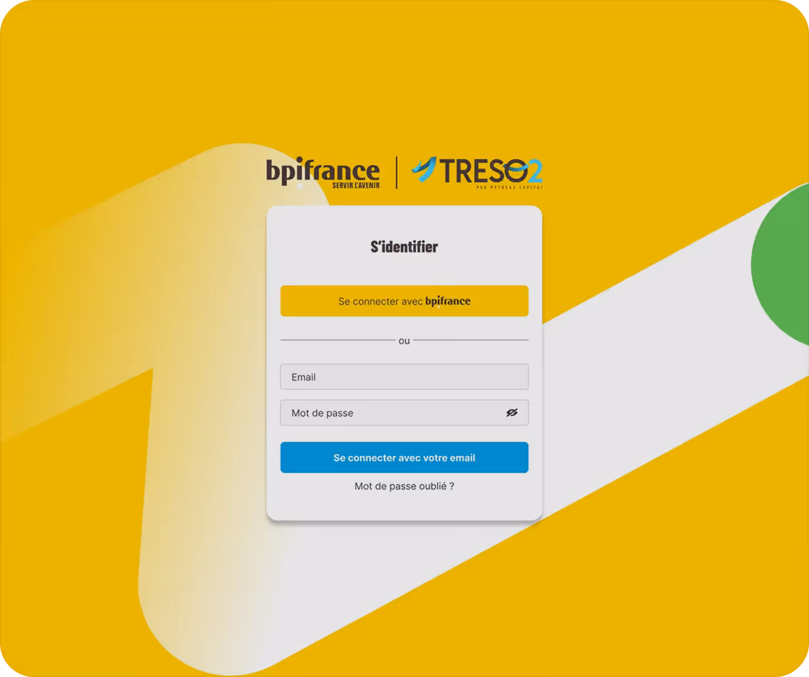 Formulaire de connexion Bpifrance et TrésO2 avec options par email ou compte Bpifrance.
