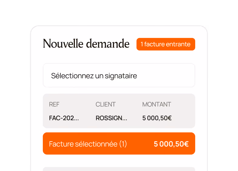 Interface showing 'Nouvelle demande' with one incoming invoice selected for client Rossignol, amount 5,000.50 euros.