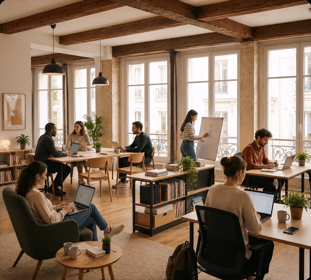 Des personnes travaillant sur des ordinateurs portables dans un bureau lumineux et moderne avec plantes.