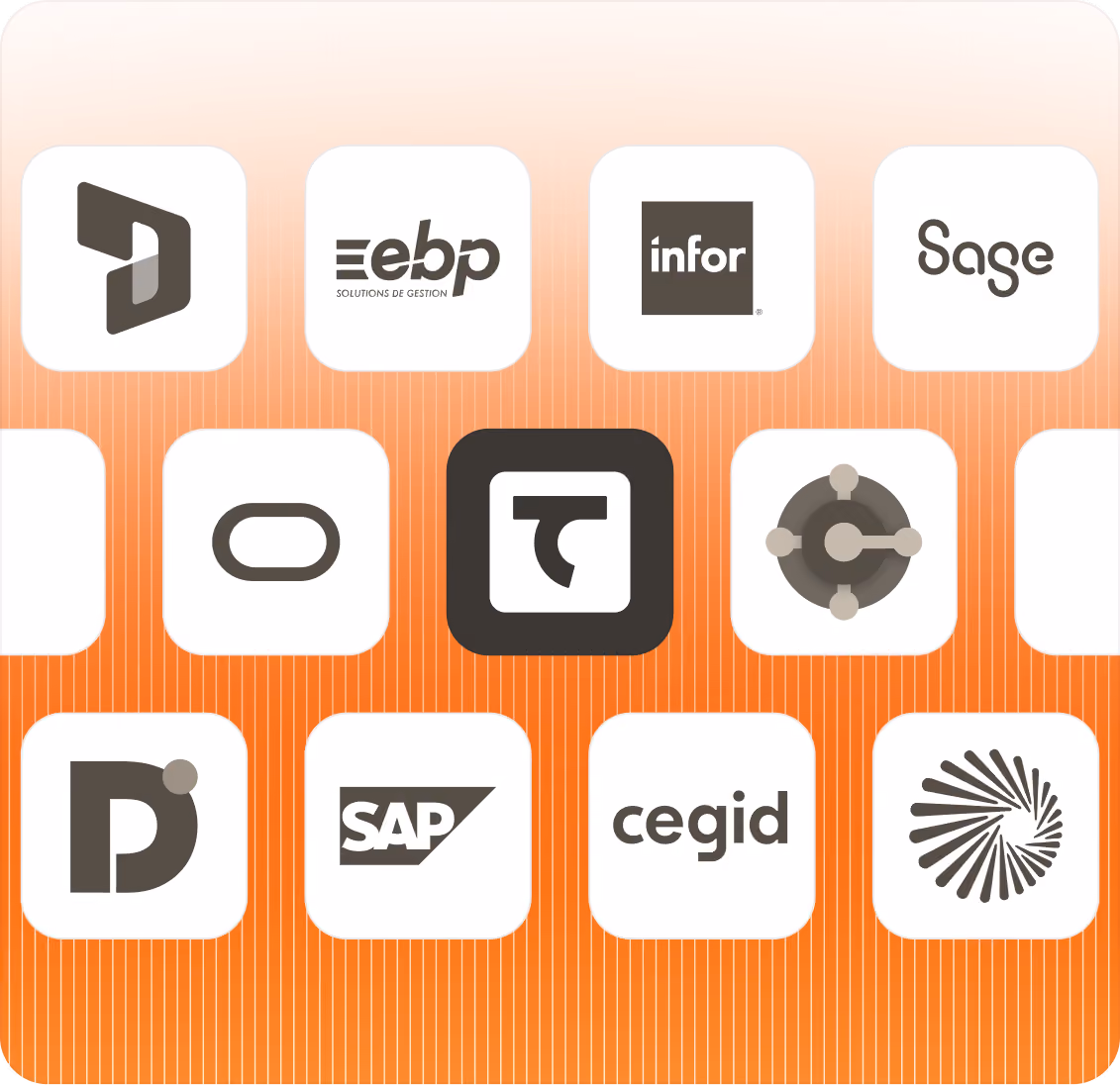 Logos de 12 entreprises technologiques sur un fond dégradé orange avec des lignes verticales fines.