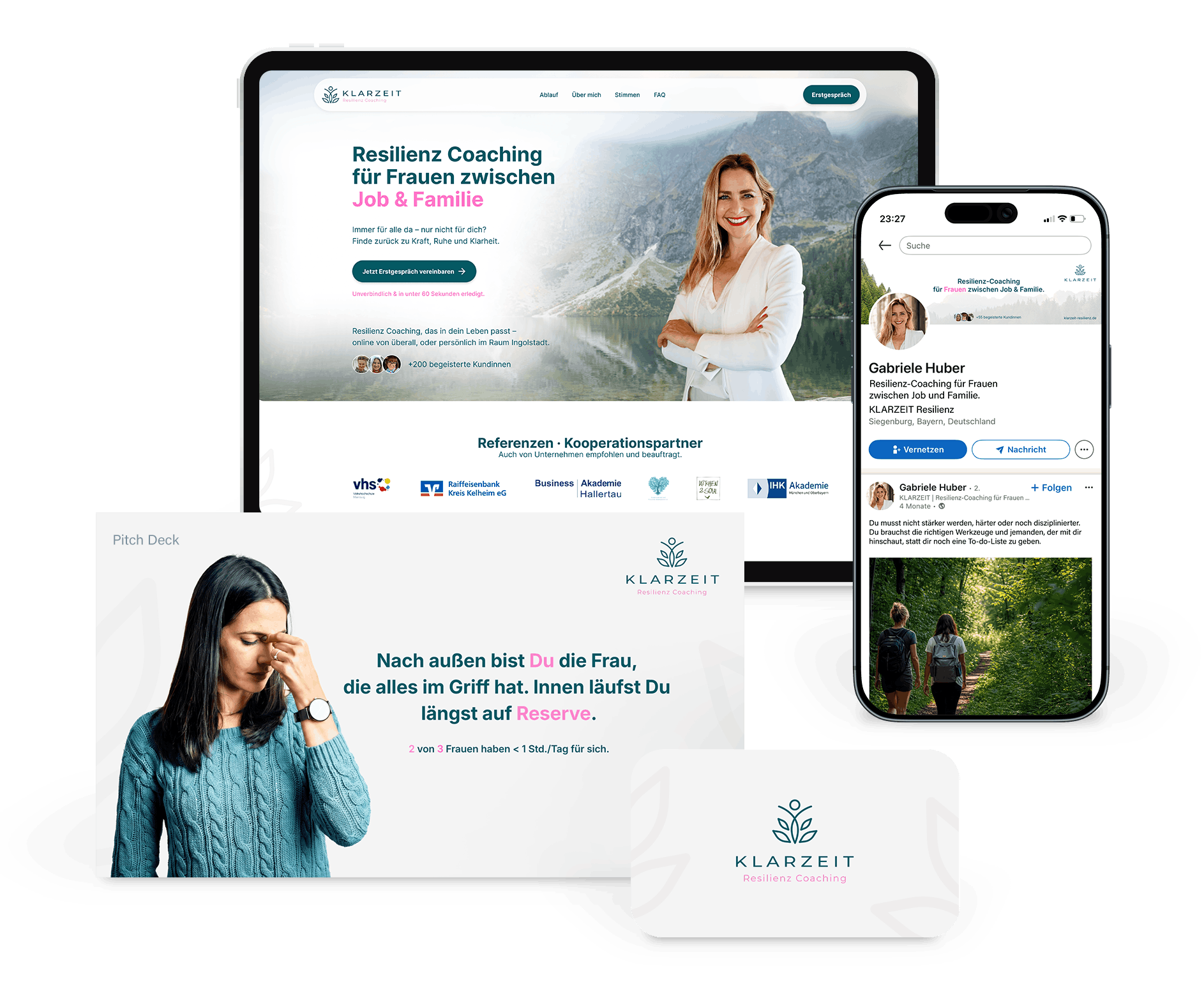 Klarzeit Resilienz Coaching Website, Pitch Deck mit nachdenklicher Frau und LinkedIn Profil auf Handy.