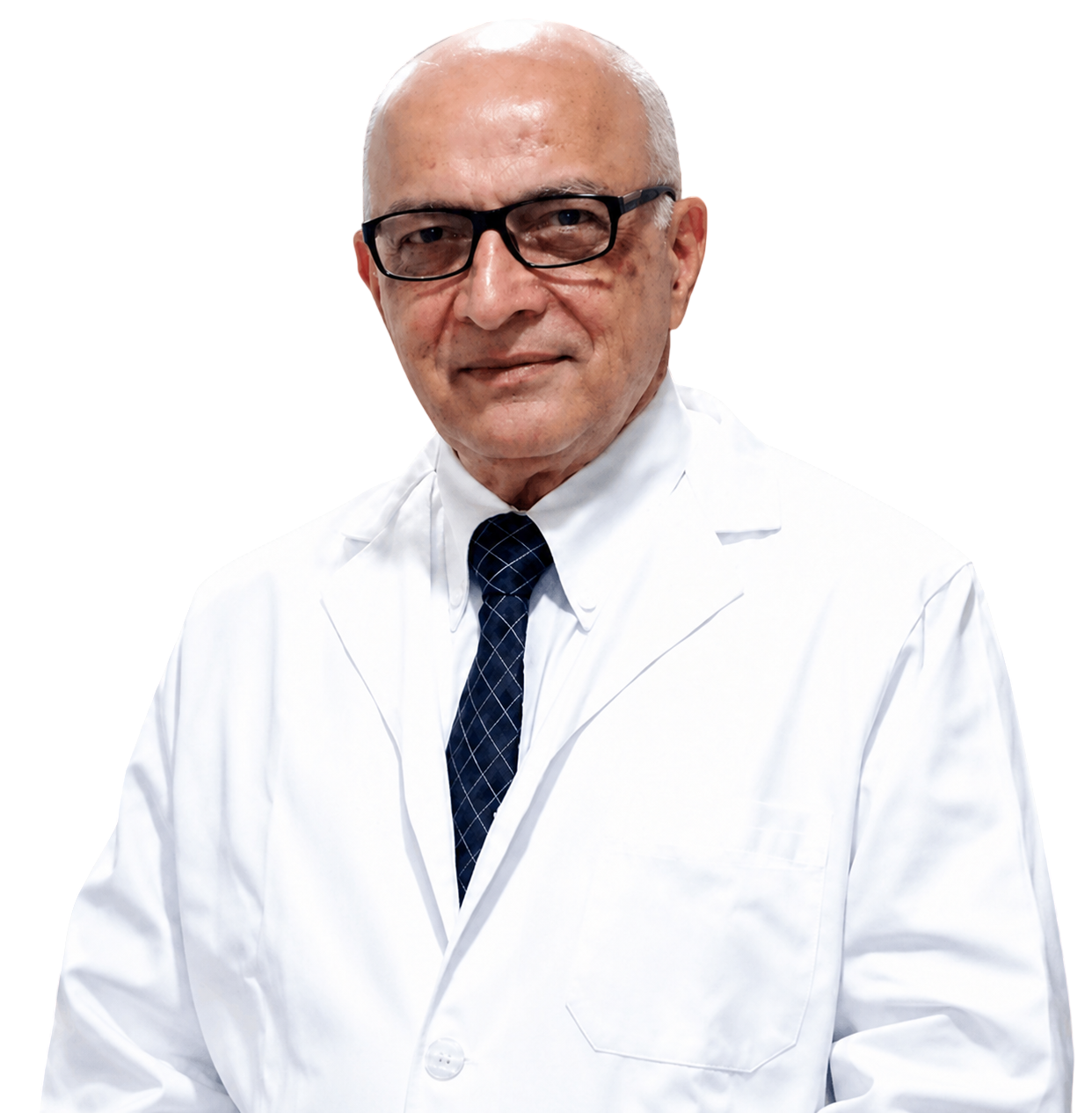 Elderly male doctor with glasses in a white coat and blue tie on transparent background.