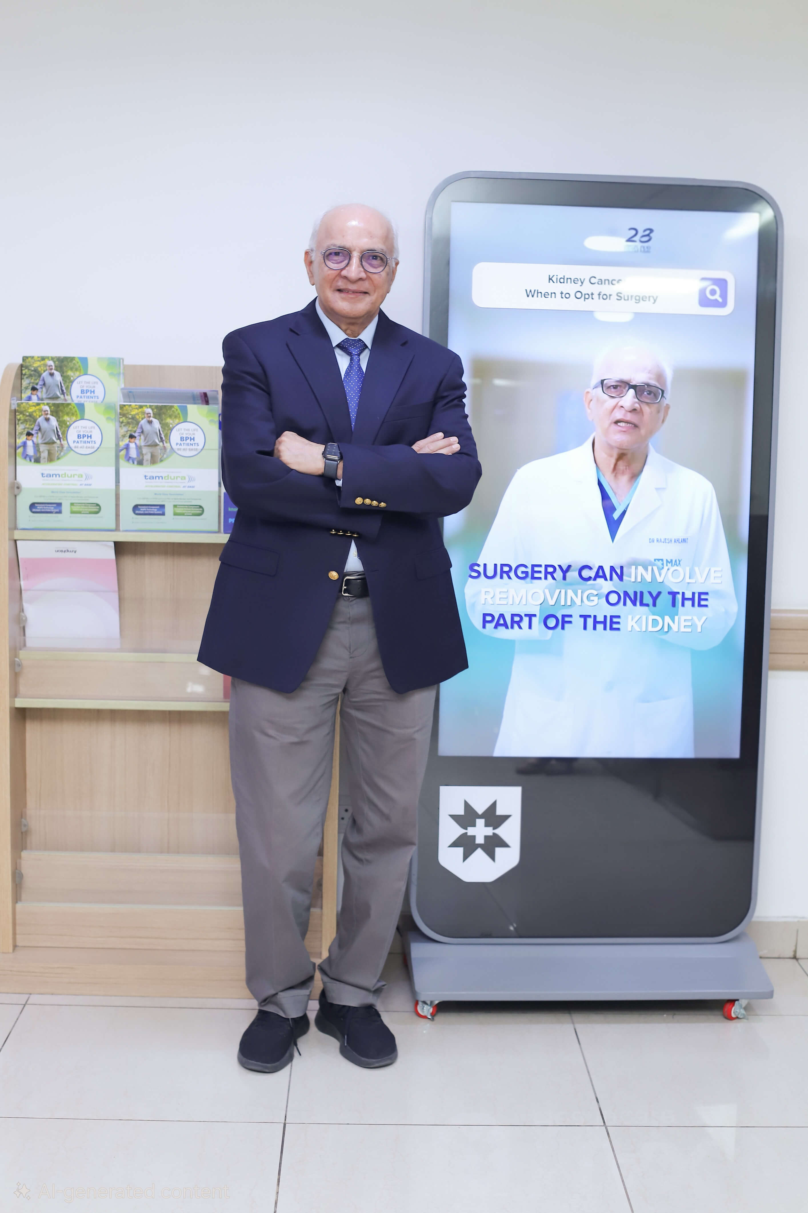 Smiling elderly man in a suit stands next to digital screen showing a doctor and kidney surgery info.