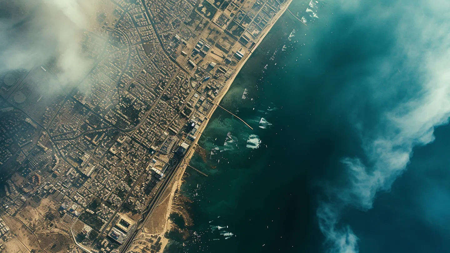 Satellite imagery of a coastal city