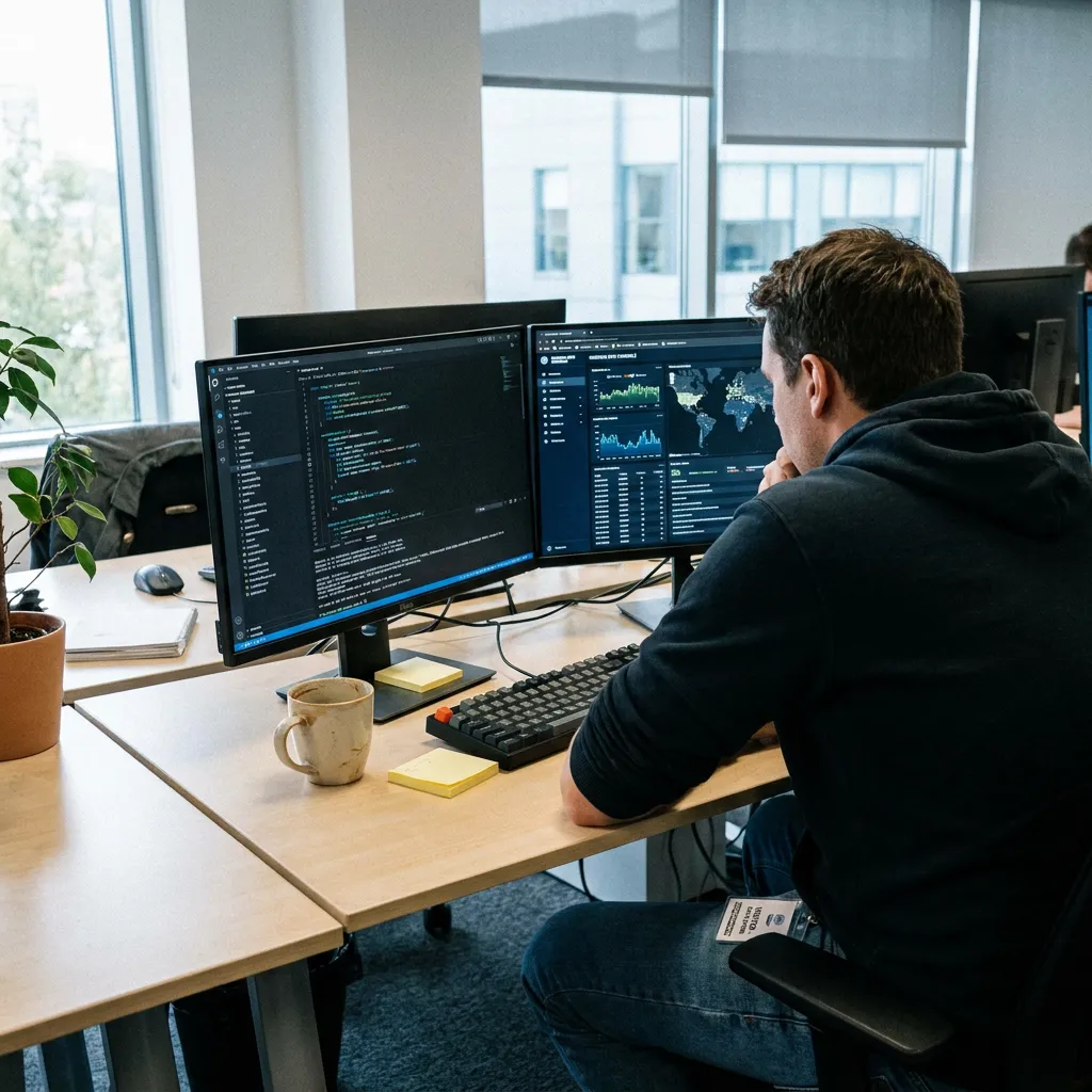 A developer working at a two-monitor workstation