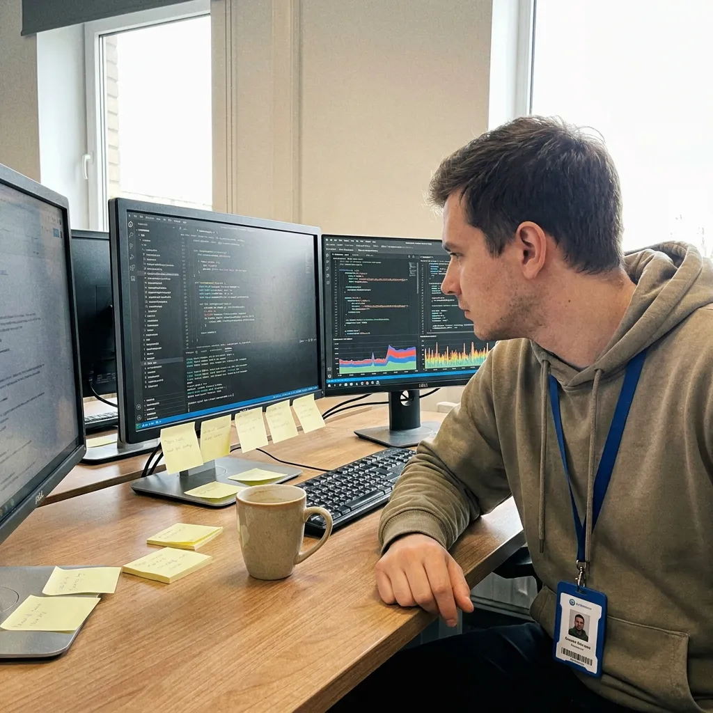 A cleared team member working at a badged workstation