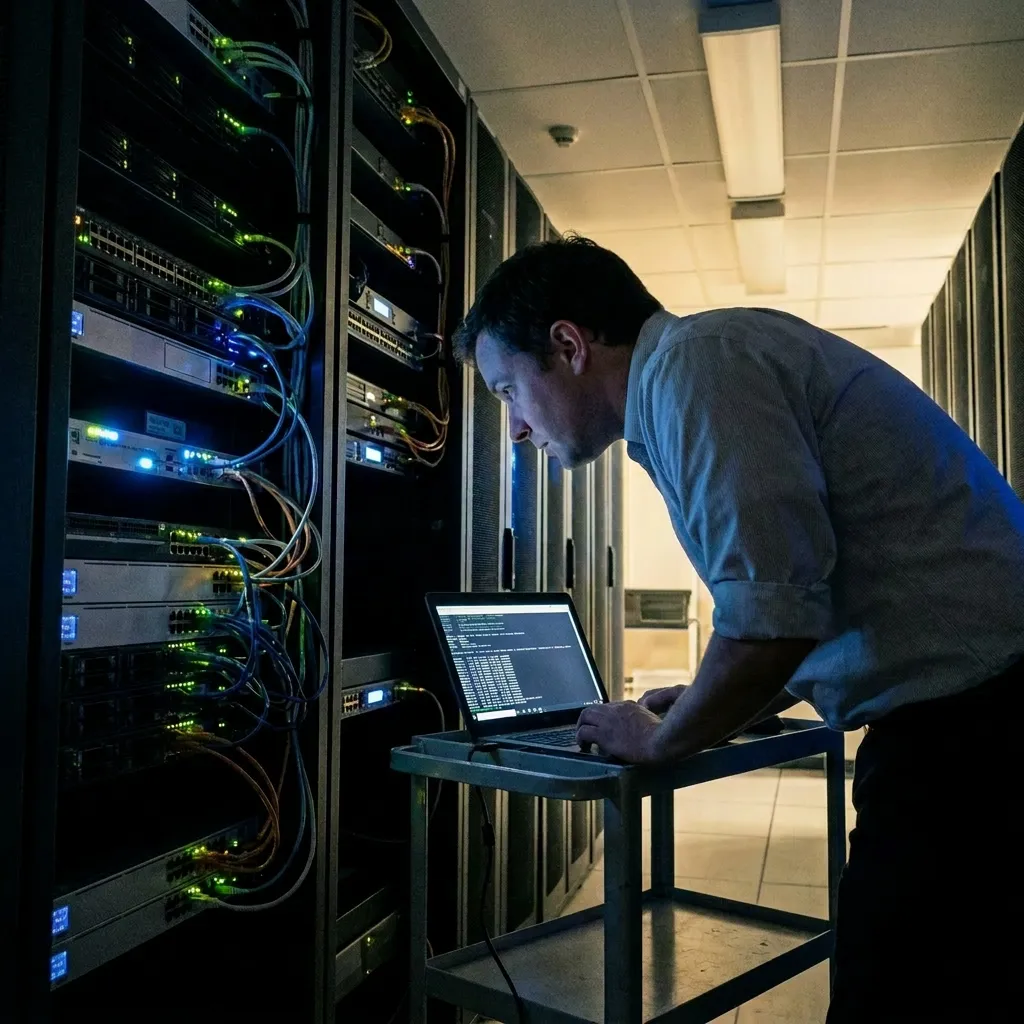 An engineer working on servers in a data centre