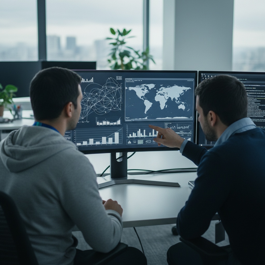 Two colleagues at a desk reviewing data dashboards and a world map on a large monitor