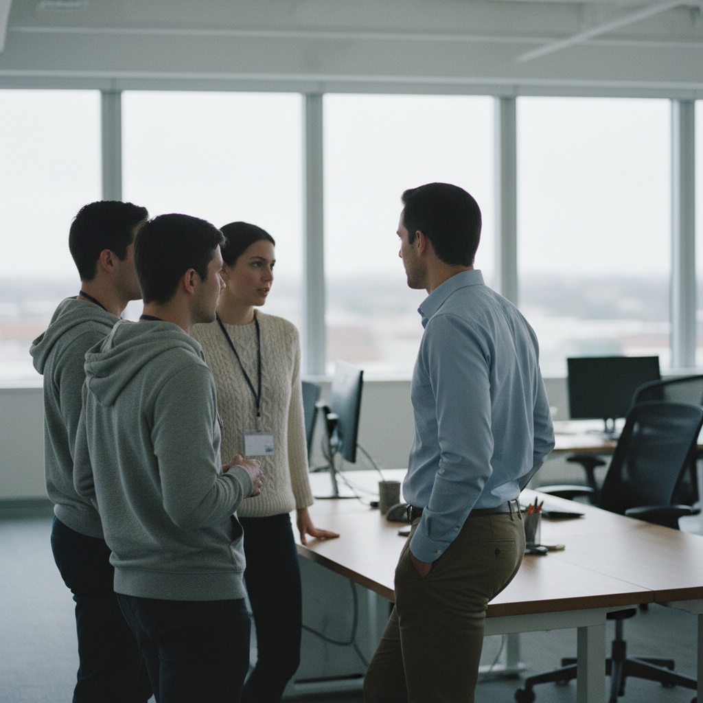 A small team standing in conversation beside desks in an open-plan office