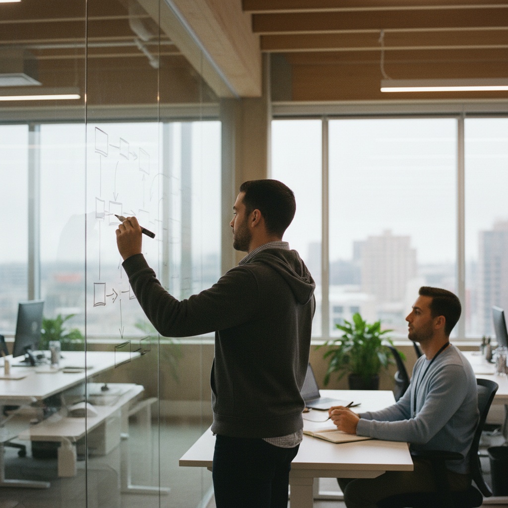 An employee sketching a diagram on a glass whiteboard while a colleague takes notes