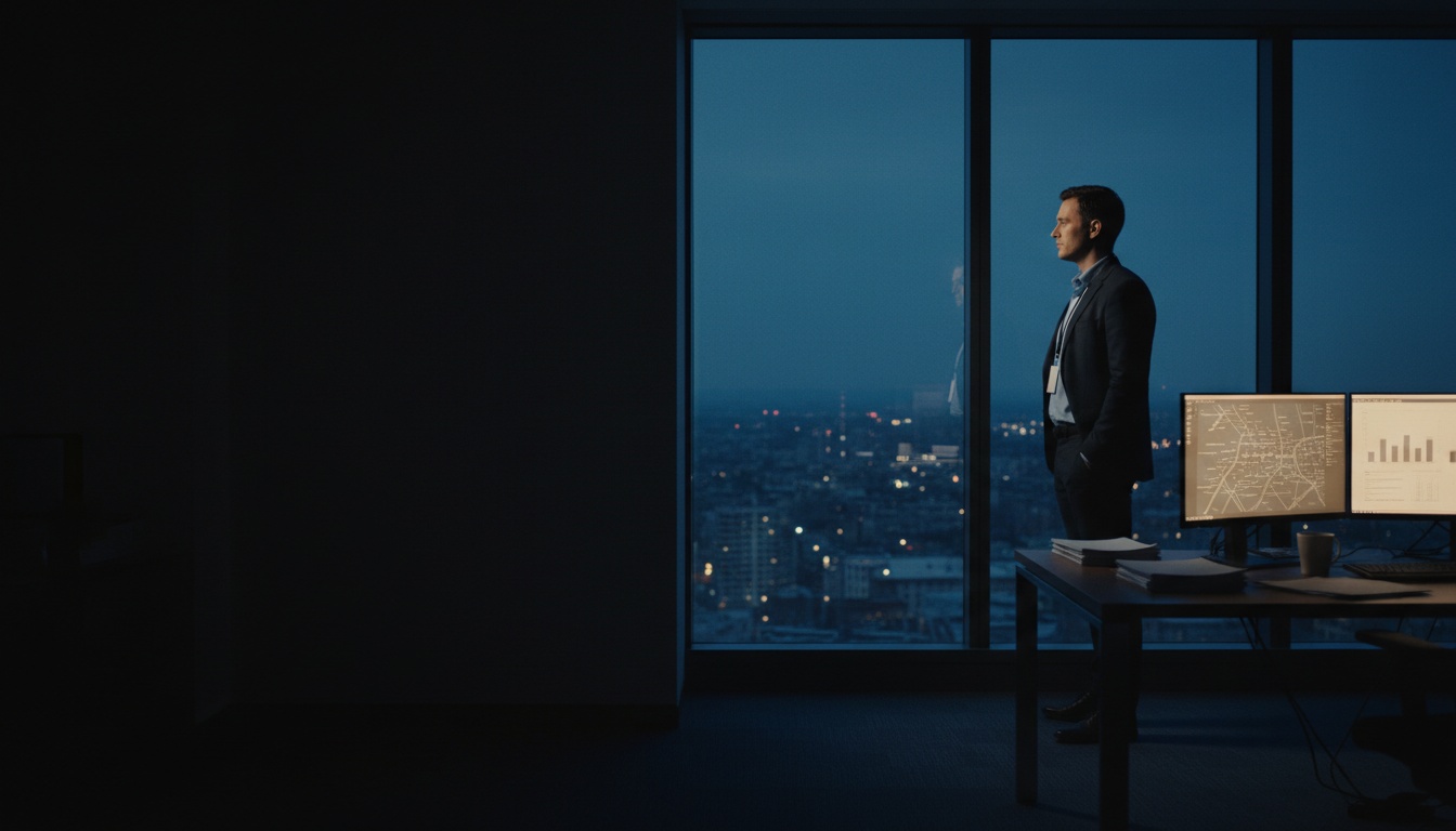 An employee standing at an office window at dusk beside a desk of lit monitors