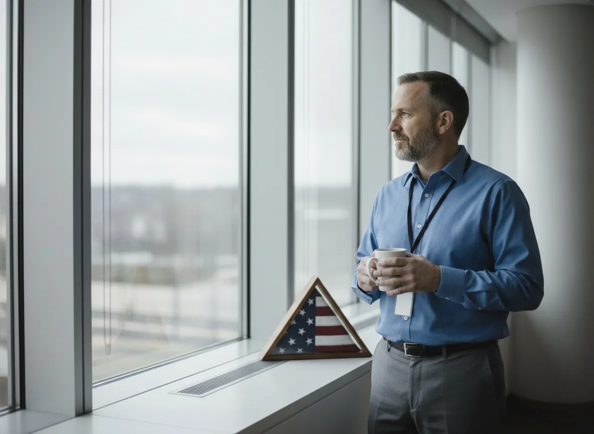 An employee wearing an ID badge pausing with a coffee at a large office window