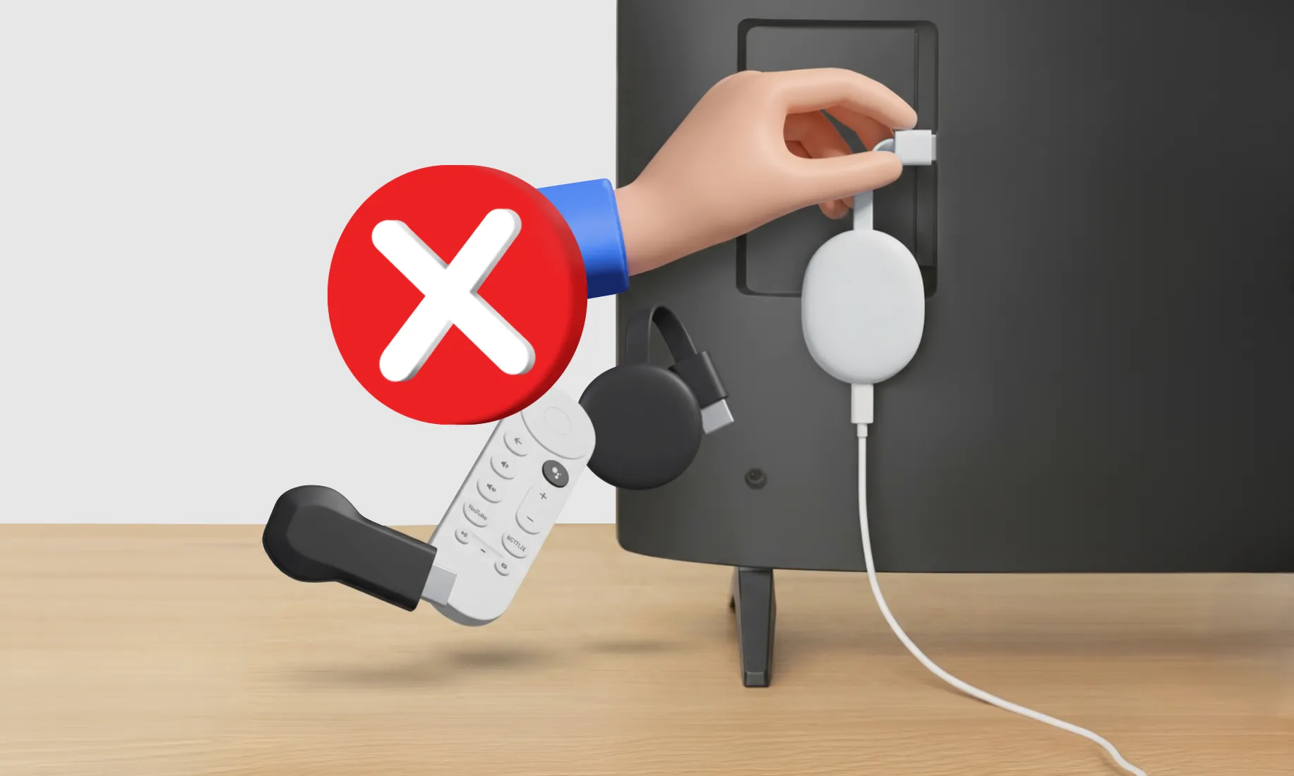 Hand plugs a white streaming device into TV with a red X and other streaming devices unplugged nearby.
