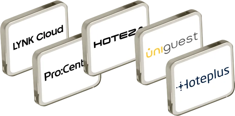 Five white rectangular signs displaying IPTV related brand names.