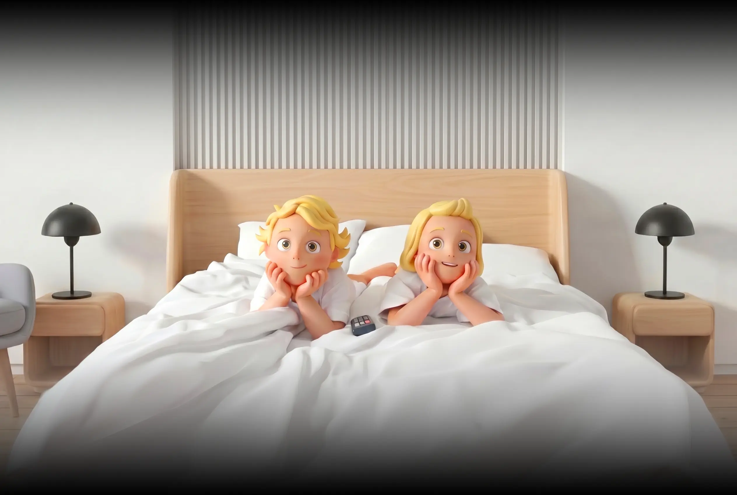 Two cartoon kids with blonde hair lying on a bed with white bedding, smiling and resting their faces on hands.