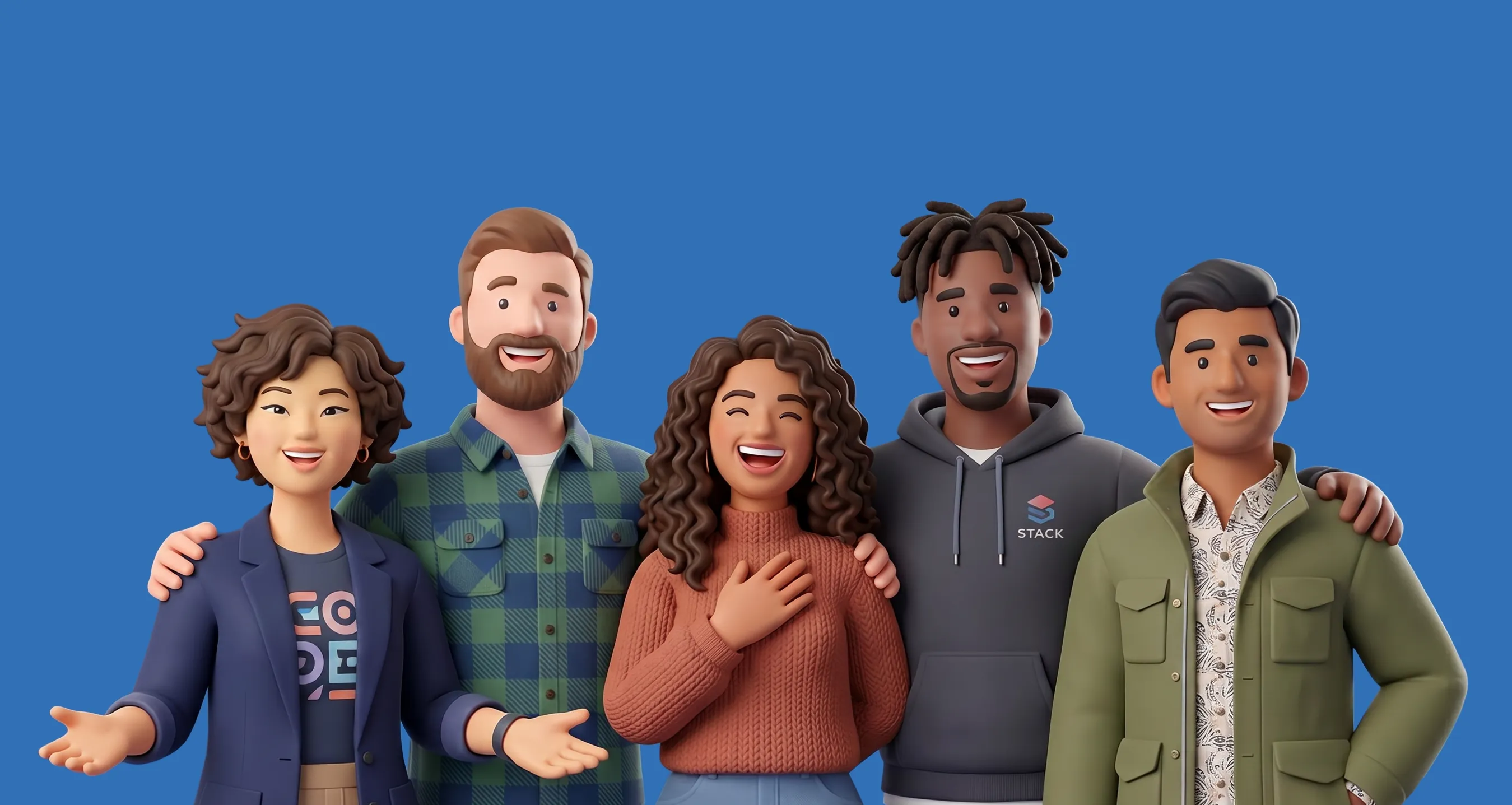 Five hotcast diverse smiling partners standing closely with blue background, wearing casual and business casual clothes.