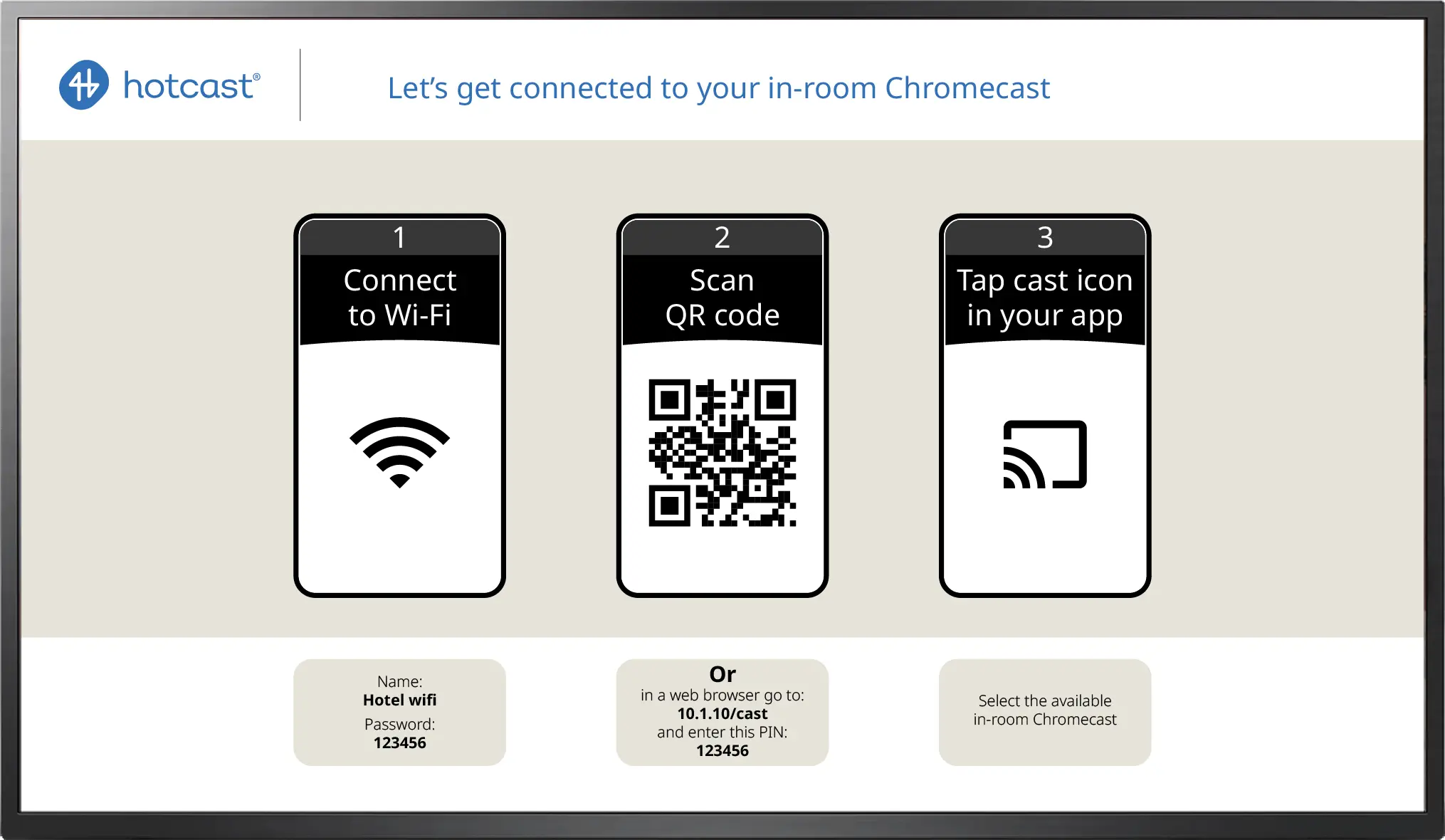 Hotcast steps to connect to in-room Chromecast: Connect Wi-Fi, scan QR code, then tap cast icon in app.