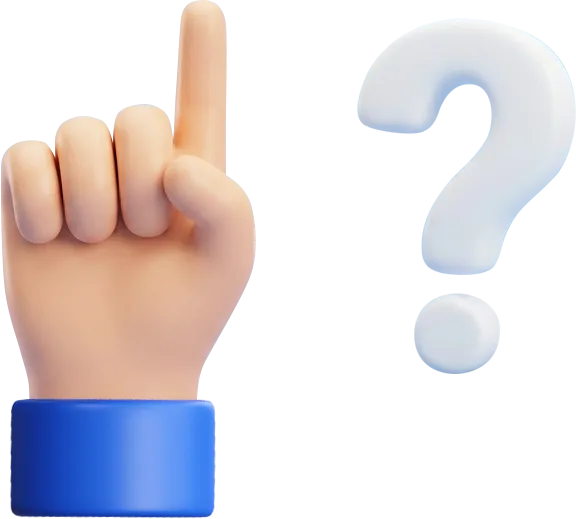 3D hand with index finger pointing up next to a large question mark.