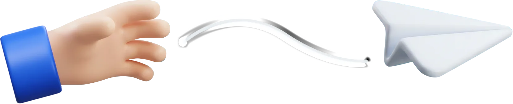 3D hand tossing a white paper airplane with a curved flight path line.