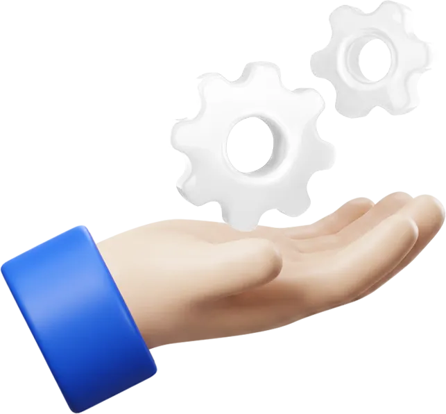 Open hand with blue cuff holding two floating white gears representing settings or mechanics.