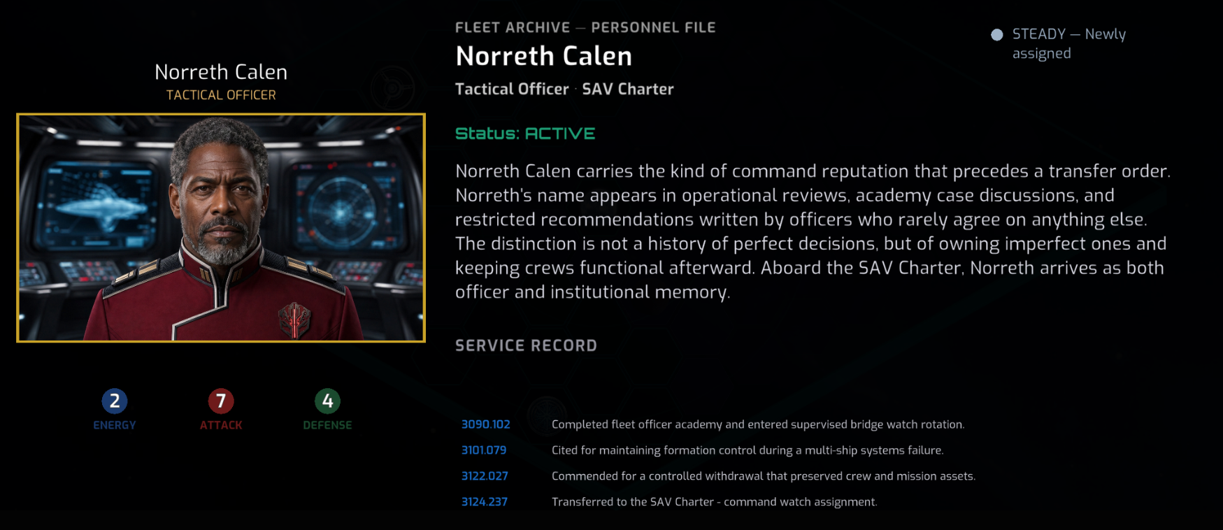 Personnel file for Tactical Officer Norreth Calen: a grey-bearded officer in a red uniform, beside his service record and a bio describing a career built on owning mistakes.