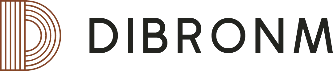 Logo Dibronm avec un grand D stylisé à gauche et texte Dibronm en noir à droite.
