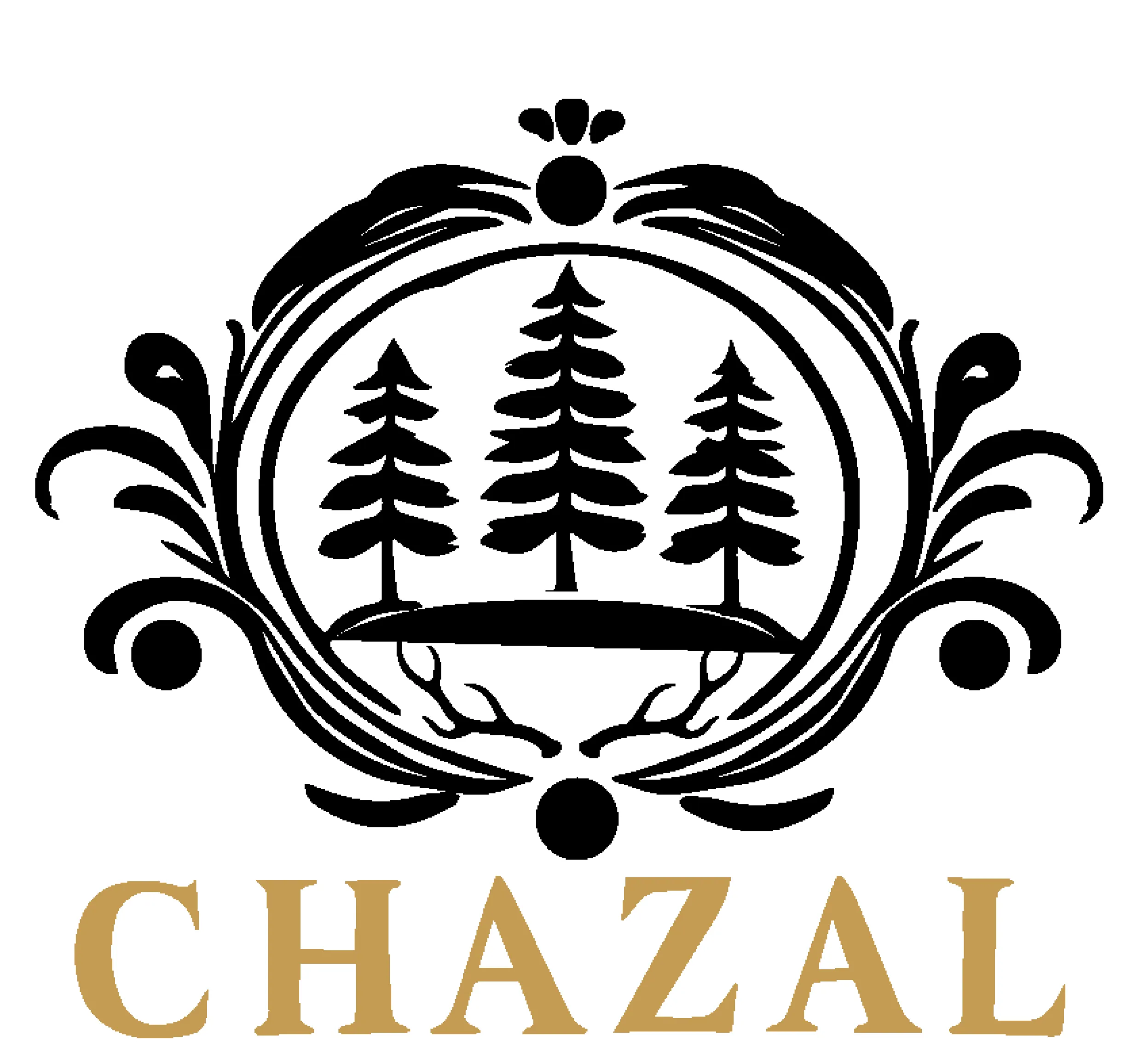 Logo noir orné avec trois sapins au centre et texte Chazal en dessous.
