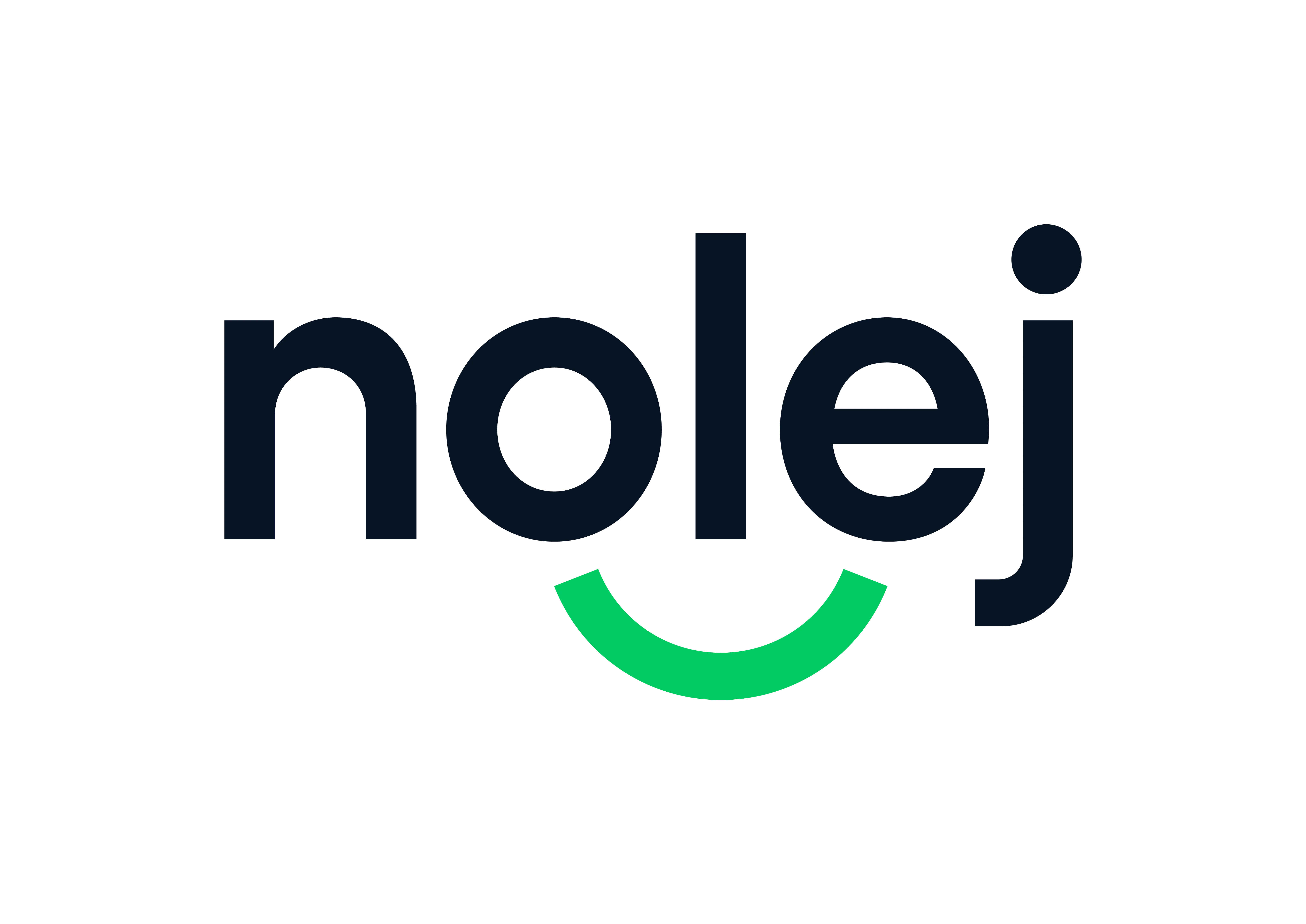 Logo du mot nolej avec un sourire vert sous le o et e.