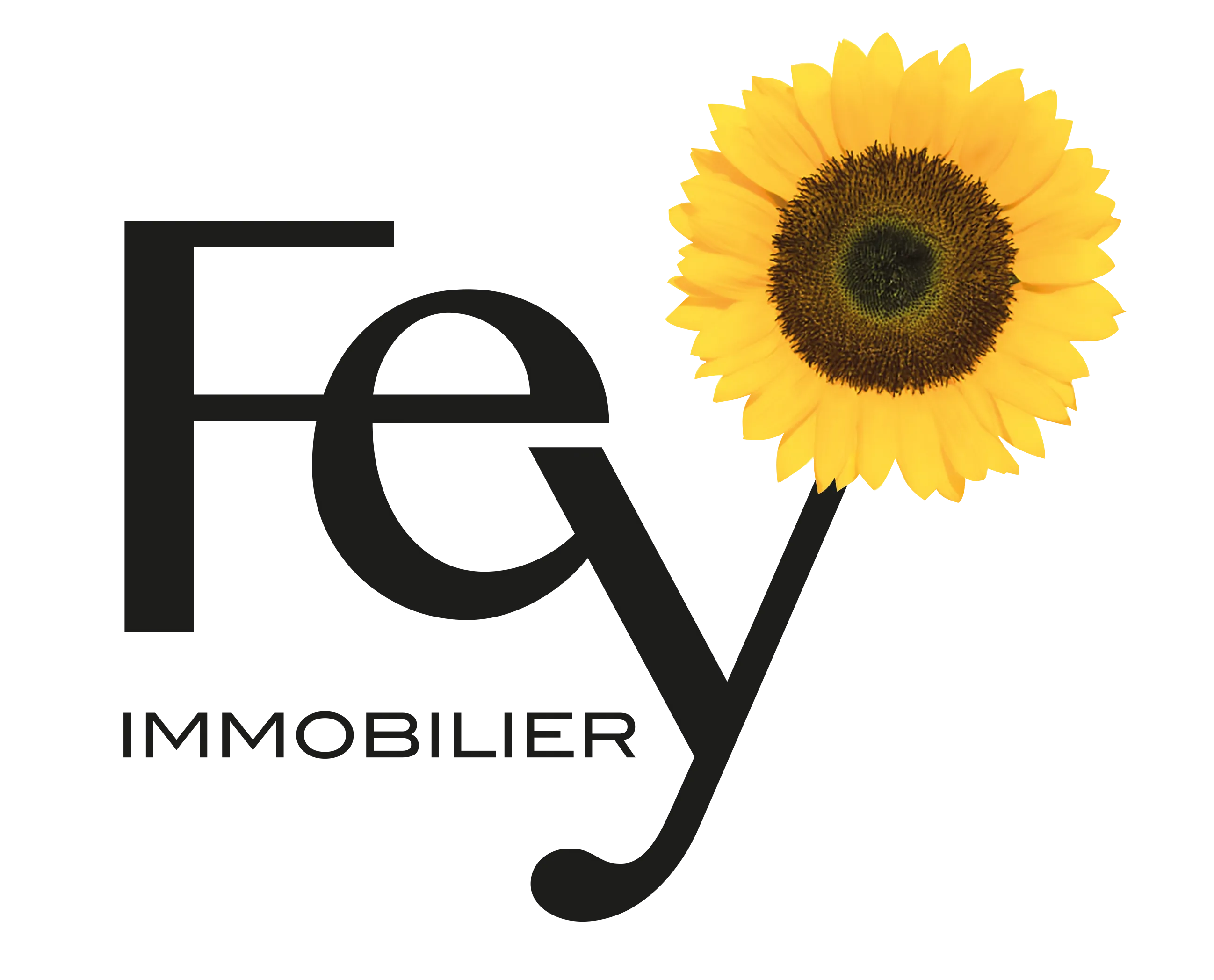 Logo FEY immobilier avec une fleur de tournesol vibrant remplaçant le centre de la lettre y.
