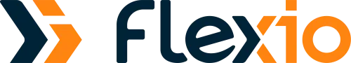 Logo Flexio avec symbole flèche orange et texte noir et orange.