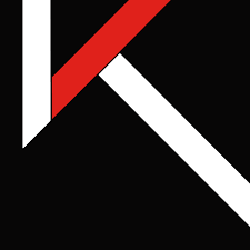 Logo stylisé forme lettre K en blanc et rouge sur fond noir.