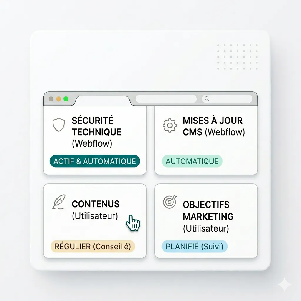Interface web montrant sécurité technique, mises à jour CMS, contenus et objectifs marketing avec statuts.
