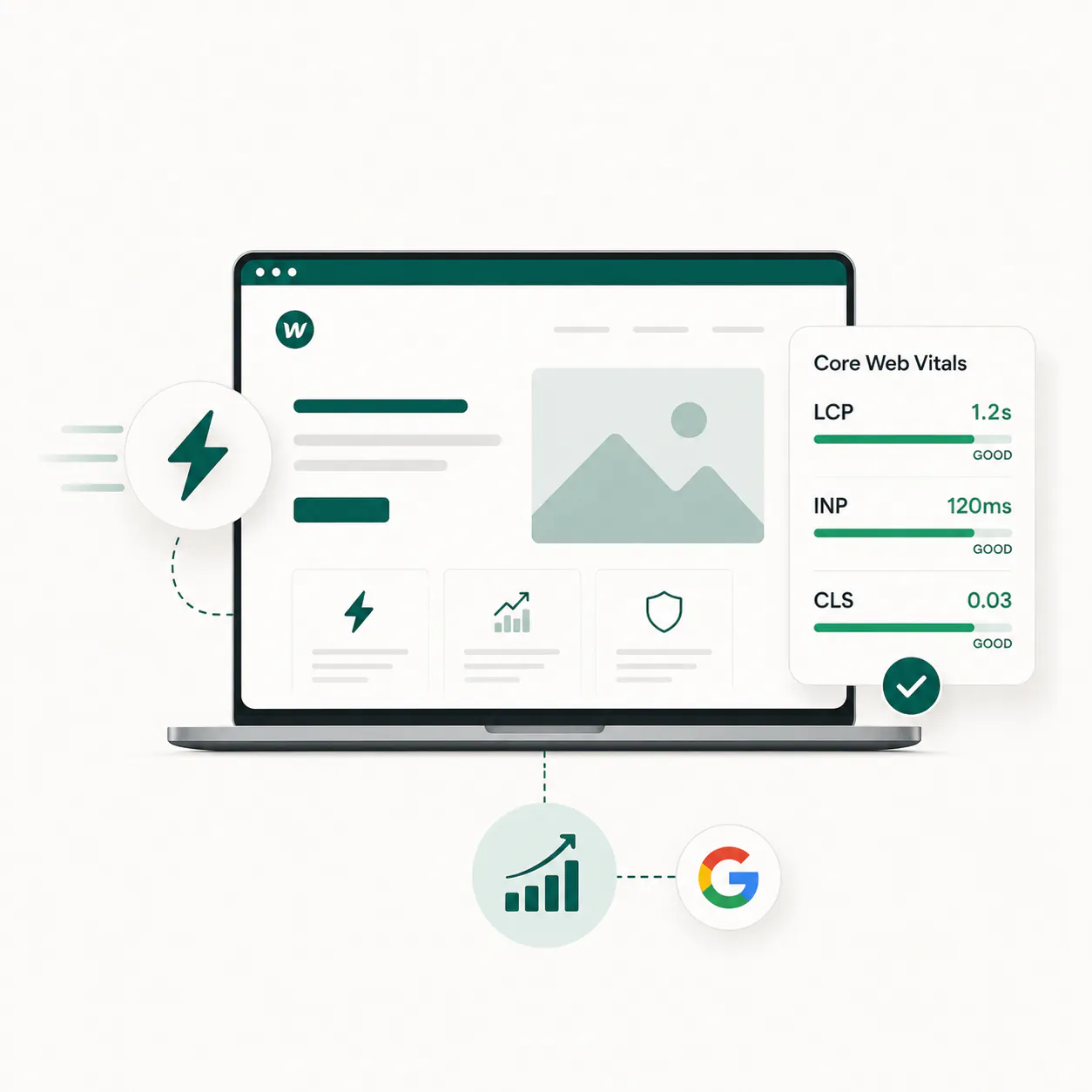 Ordinateur portable affichant des indicateurs Core Web Vitals LCP, INP, CLS avec résultats bons.