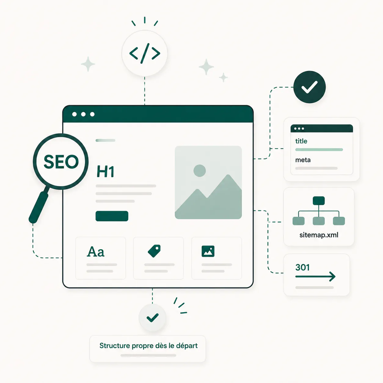 Illustration montrant l'optimisation SEO d'une page web avec titres, images, sitemap et redirections 301.