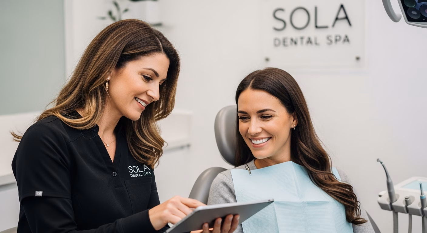Photorealistic image inside a modern dental consultation room. A female dentist, approx 45-55 years old, of Mediterranean descent with voluminous shoulder-length wavy honey-blonde hair and a pinstripe blazer over a white shirt, is talking to a happy patient. She has a warm, friendly smile and no glasses. The lighting is professional and bright, highlighting a trustworthy medical atmosphere. No name tags.
