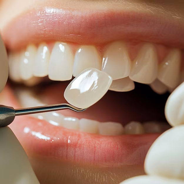 Close up of a natural looking smile with porcelain dental veneers on the upper front teeth