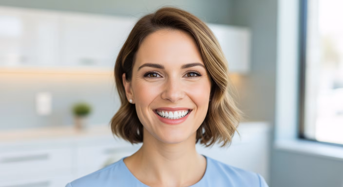 A confident woman with a radiant, perfect smile, looking directly at the camera. The background is softly blurred, hinting at a modern, bright dental spa environment.