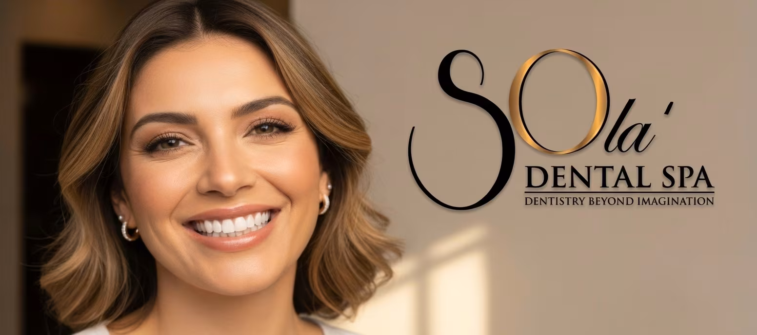 A bright, confident woman smiling broadly, showcasing perfect, natural-looking porcelain veneers. Soft, spa-like lighting with a subtle Sola Dental Spa branding in the background.