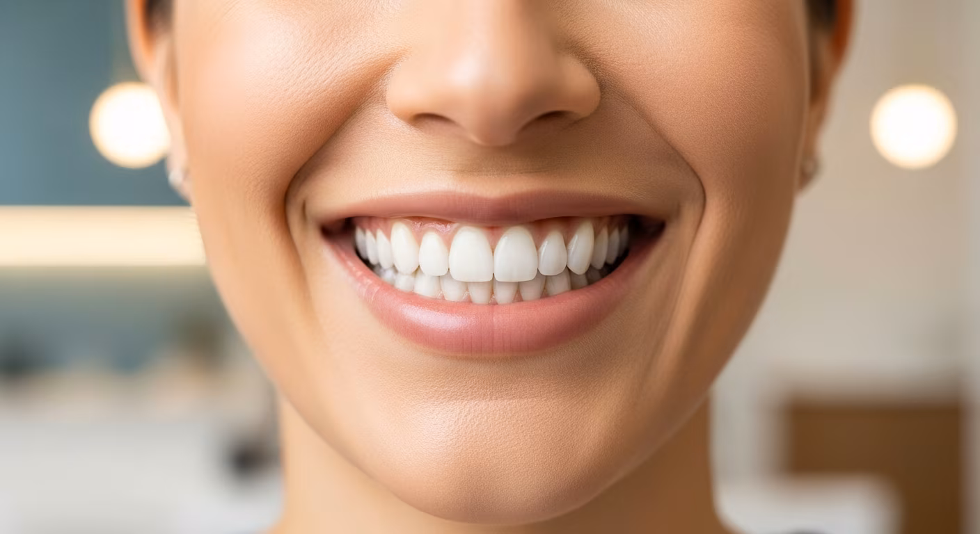 Elegant close-up of a smiling person with perfectly aligned and bright white porcelain veneers, showcasing a natural yet enhanced smile. The background is a clean, modern dental spa setting, slightly blurred, with soft, inviting lighting.