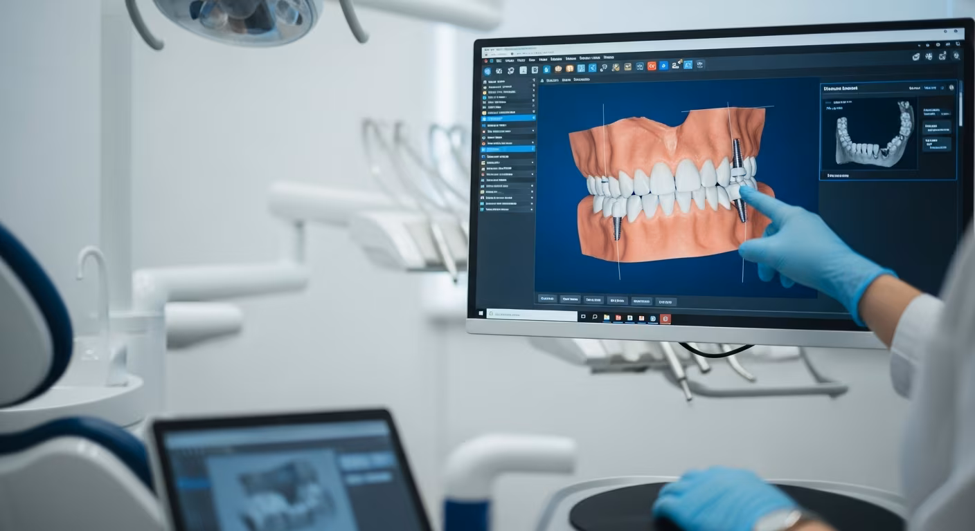 Close-up, detailed shot inside a pristine, modern dental operatory. A digital dental implant planning software is visible on a large, high-resolution monitor, displaying a 3D model of a patient's jaw and proposed implant placement. In the foreground, a dentist's hands, wearing light blue medical gloves, are subtly interacting with a digital tablet or a computer mouse, pointing to the screen. The atmosphere is calm and professional, with soft, diffused lighting. The background shows subtle hints of a comfortable dental chair and advanced dental equipment, slightly out of focus. The emphasis is on precision, technology, and patient safety. No patient visible, just the technology and the professional's hands.