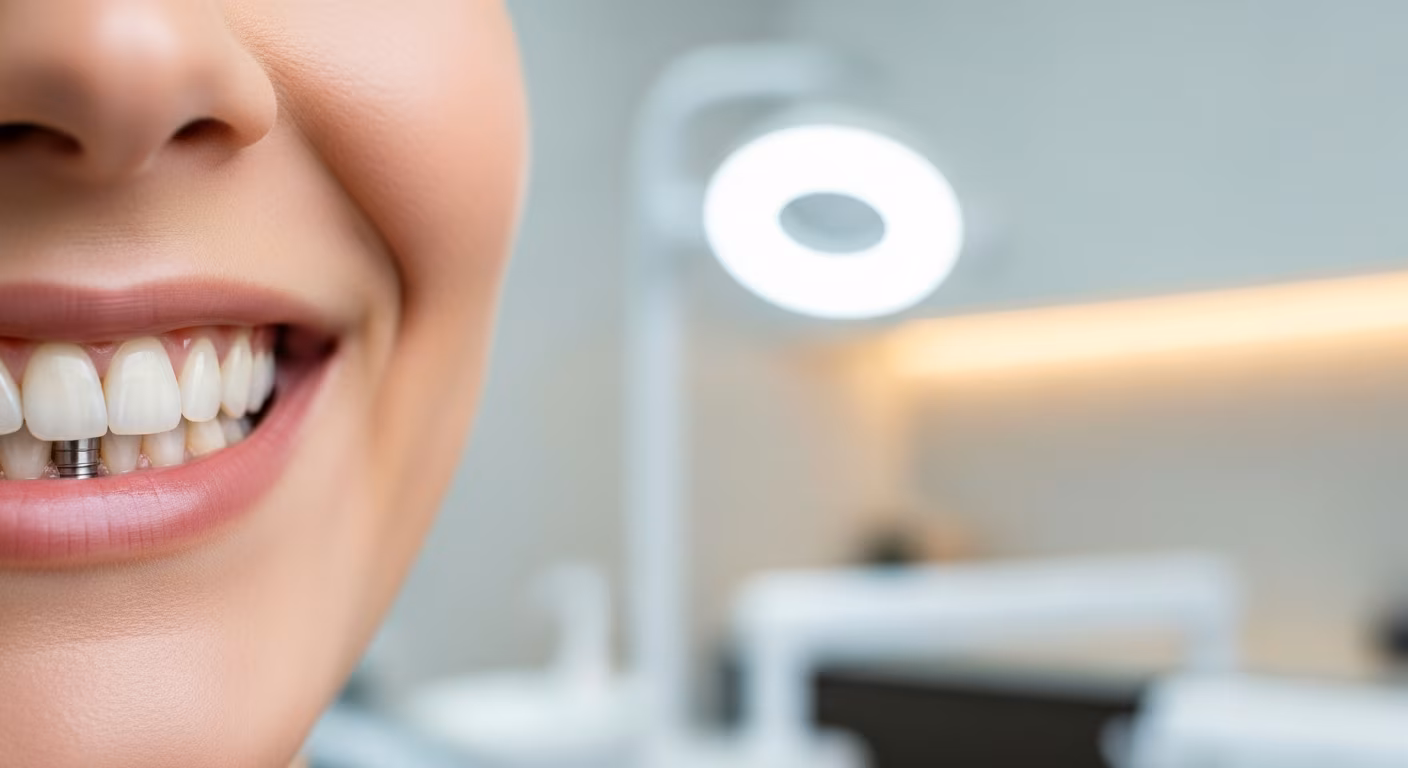 A bright, professional close-up shot of a healthy, radiant smile featuring a seamlessly integrated dental implant. The background is softly blurred with elements suggesting a modern, clean dental spa environment (e.g., subtle hints of a treatment room, warm lighting). The focus is on the natural-looking prosthetic tooth blending perfectly with surrounding natural teeth, emphasizing aesthetics and successful restoration. The lighting is soft and inviting, highlighting the pristine quality of the dental work. The overall mood is confident, healthy, and reassuring, representing the quality of care at Sola Dental Spa.