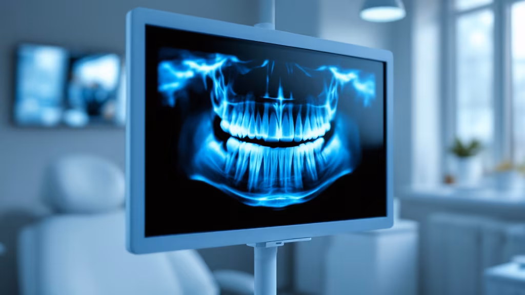 Dentist reviewing a panoramic X-ray of wisdom teeth with a patient