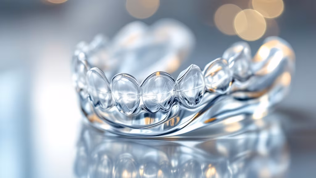 Clear retainer being placed onto a model of upper teeth