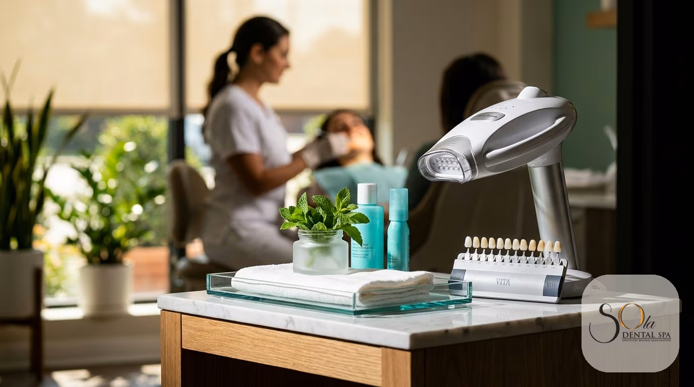 Patient receiving professional teeth whitening with gum and enamel protection at Sola Dental Spa in Staten Island