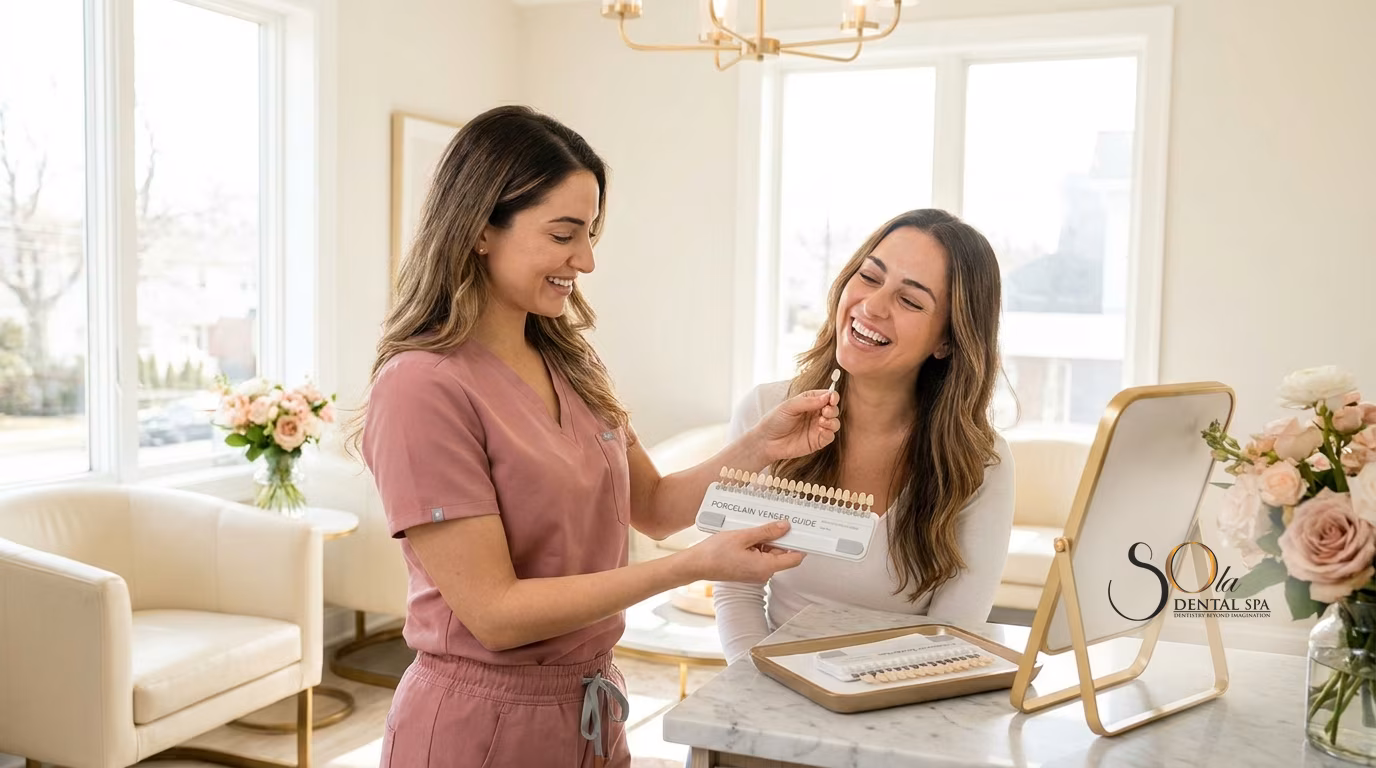 Dentist holding a porcelain veneer up to a shade guide during a consultation at a Staten Island dental spa
