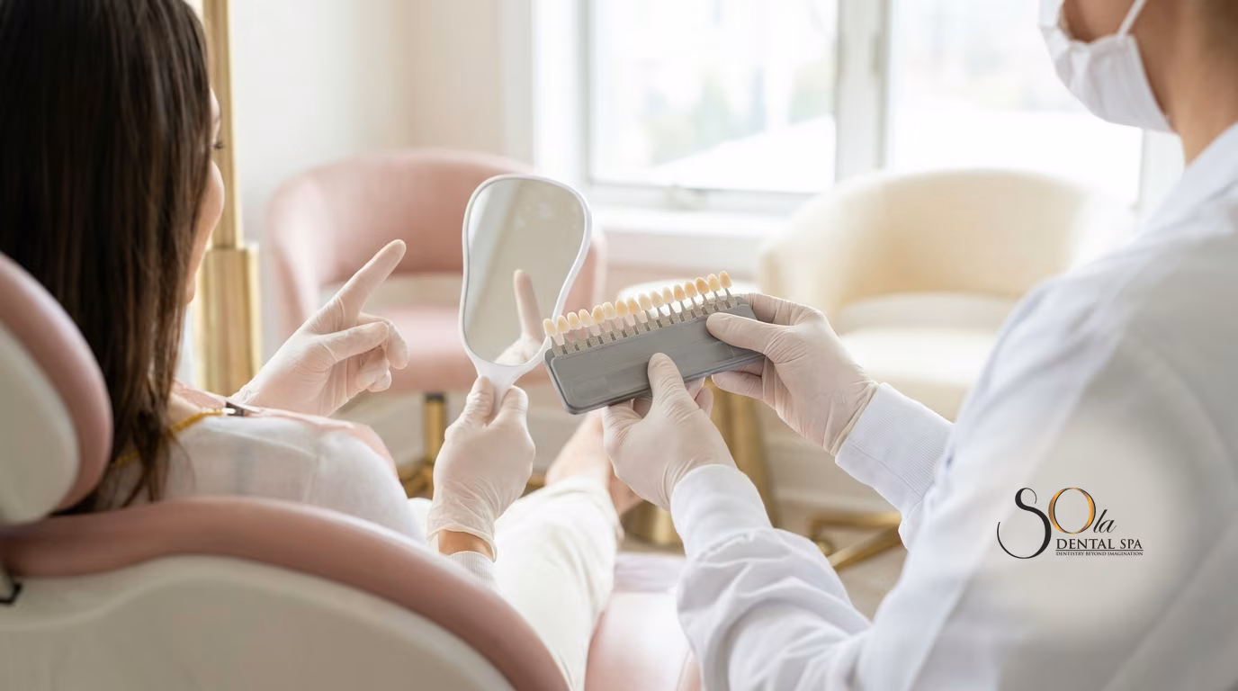 Custom night guard resting beside a model of porcelain veneers at a Staten Island cosmetic dental office