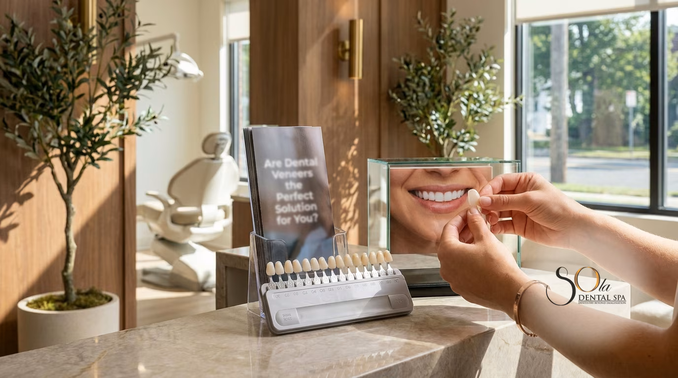 Patient consultation to determine veneer candidacy at Sola Dental Spa in Staten Island