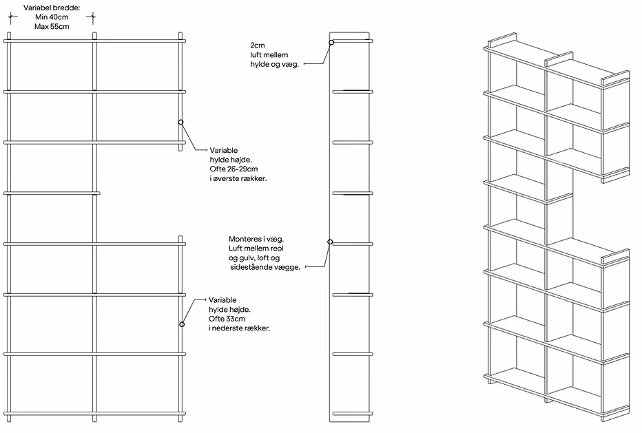 Design schematic of a wall-mounted shelving unit with variable shelf heights and spacing measurements.