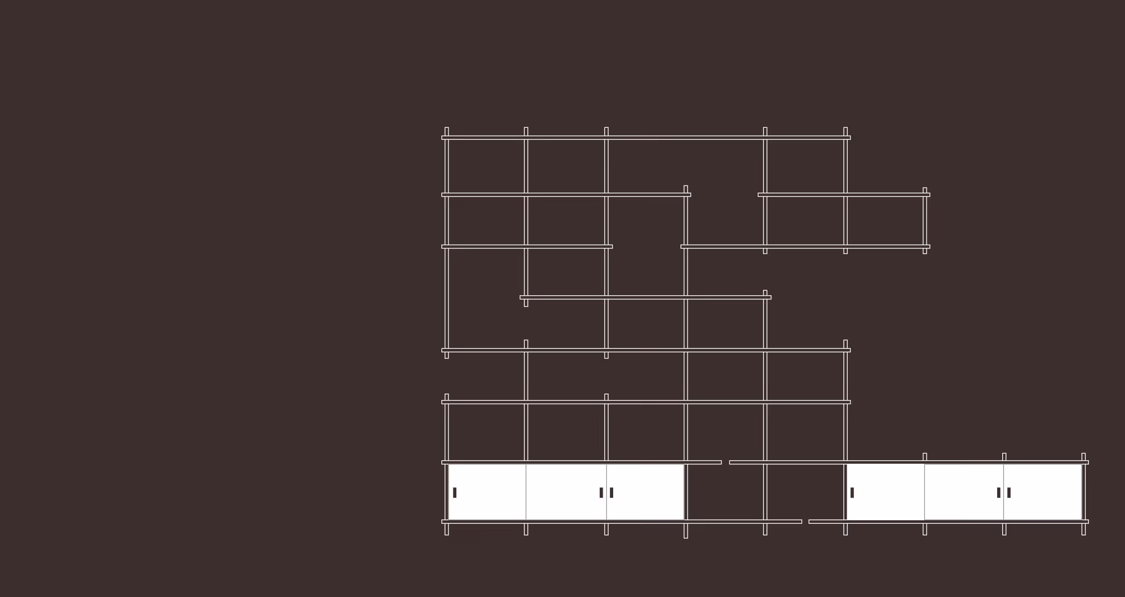 Minimalist shelving unit with multiple horizontal and vertical lines and cabinets at the bottom.